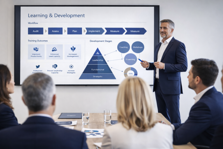 Corporate training program with a professional trainer delivering structured business and marketing education to executives.