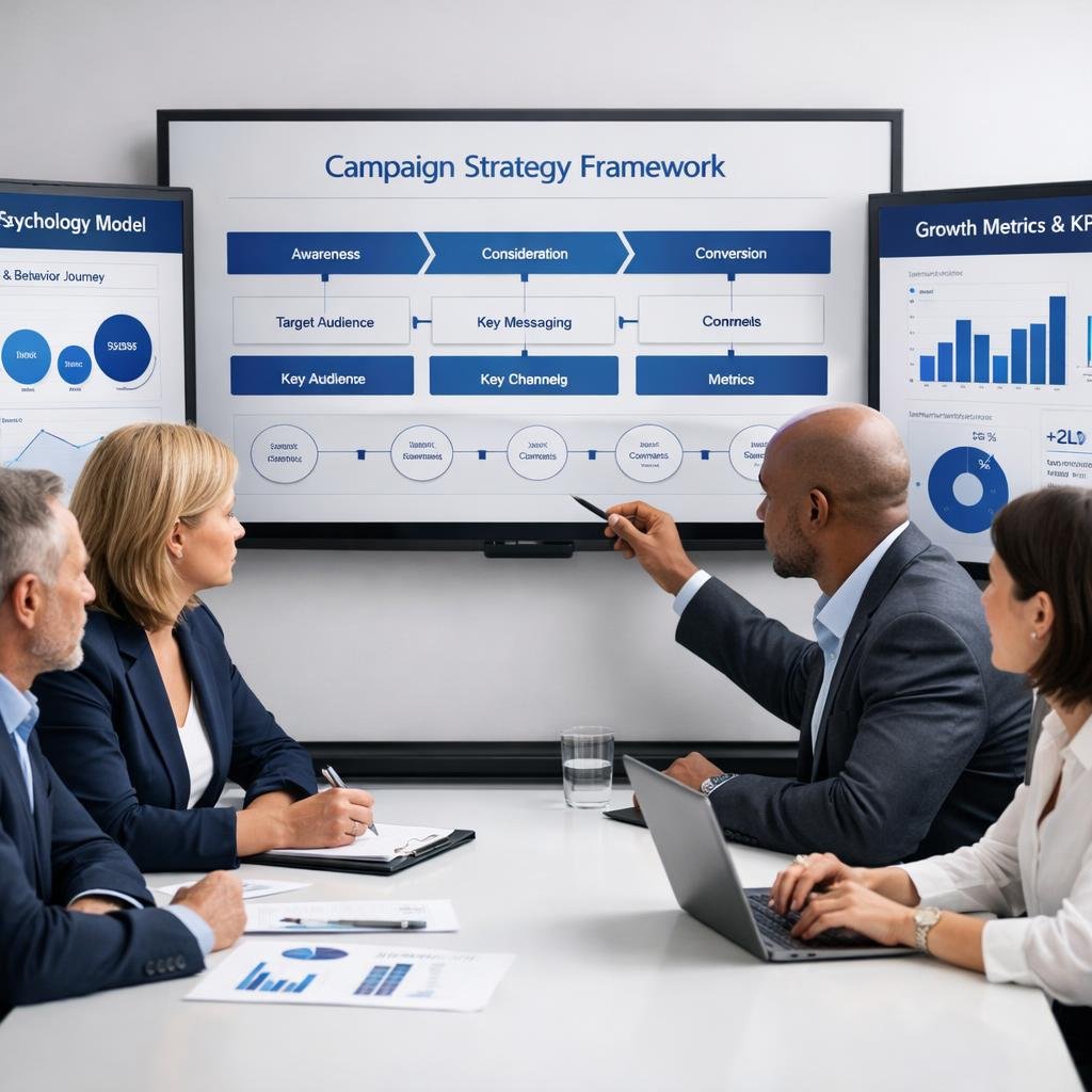 Collaboration between experienced marketing and strategy professionals analyzing growth frameworks, customer insights, and marketing strategy.